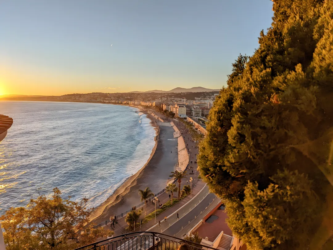 A sunset over Nice's Promenade des Anglais.