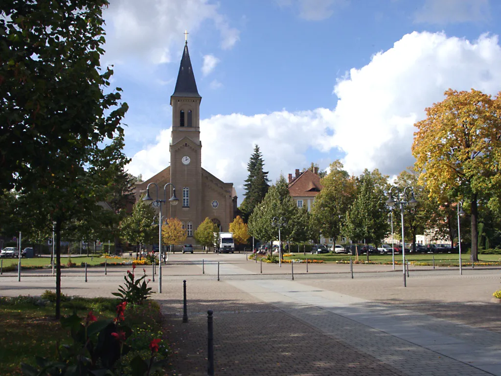 Zinzendorf square and the Moravian church in Niesky, Germany.