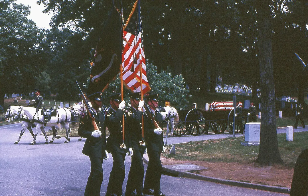 A Military funeral procession-Arlington National Cemetery. Taken with a 35mm Exakta VX, using Ektachrome slide film.