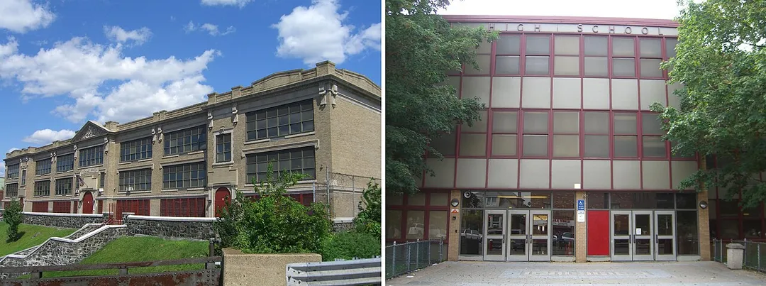 McKinley School (left) and North Bergen High School (right) in North Bergen, New Jersey.