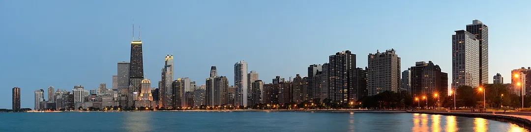 Eight-segment panorama of Chicago, Illinois, as viewed from North Avenue Beach.