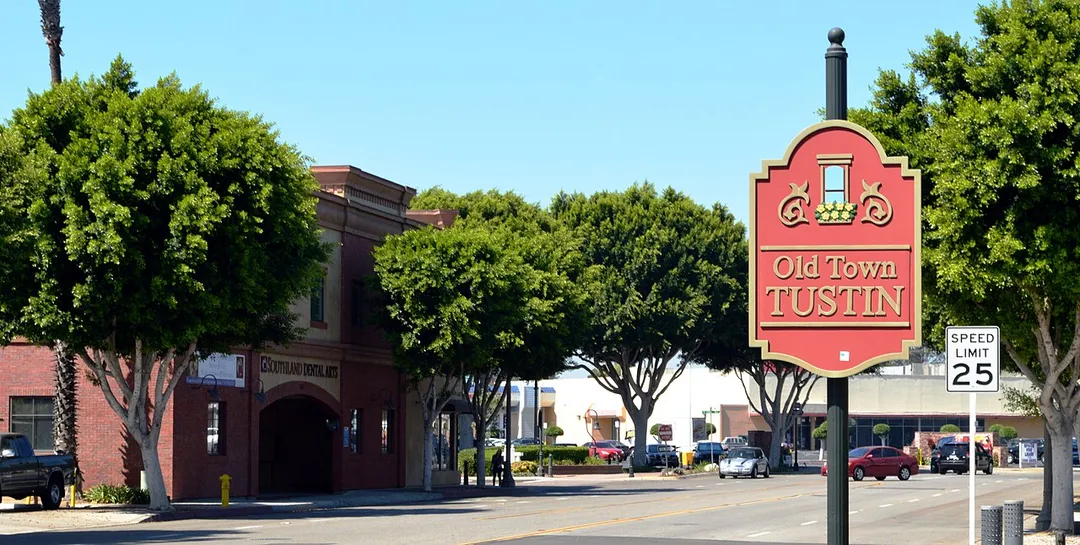 El Camino Real near Newport Avenue in Old Town Tustin, Tustin, Orange County, California. If you zoom in, you can see an El Camino Real bell in the middle, at the intersection with El Camino Way.