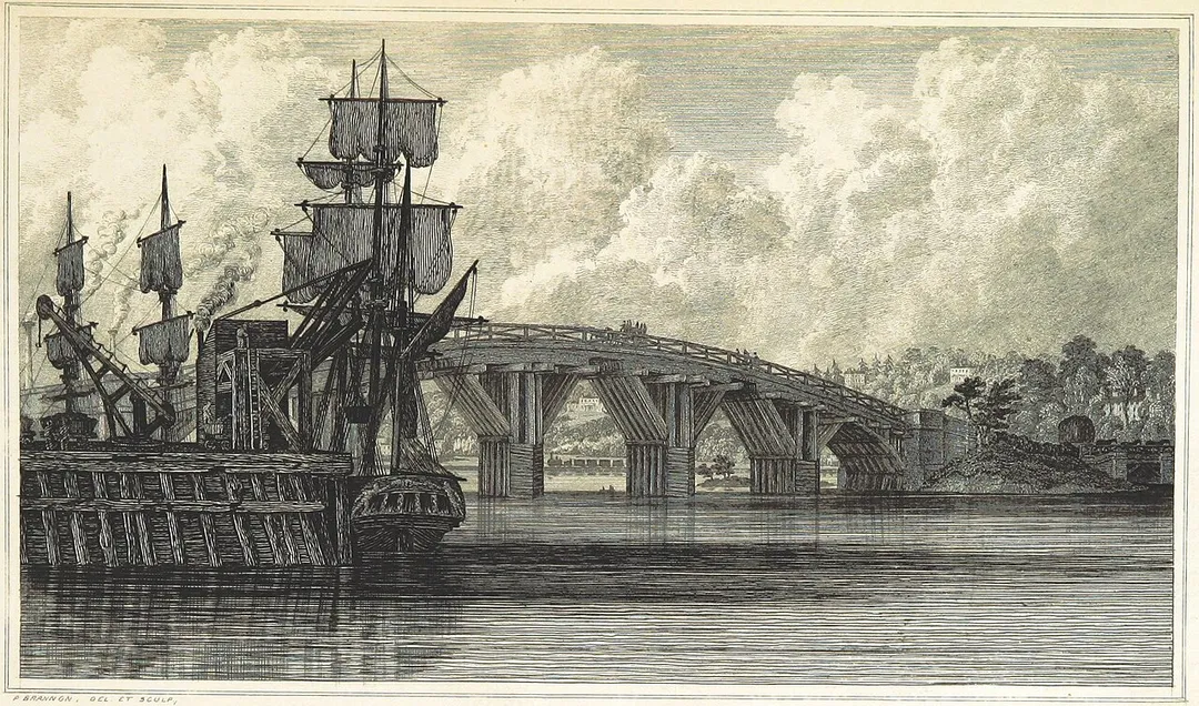 The original wooden Northam Bridge, opened in 1799, and pictured here in the early 19th Century.
This image is derived from an image in a book in the public domain, uploaded to the Flickr Commons by the British Library. Details of that image follow:
Image taken from page 81 of 'The Picture of Southampton, and Stranger's Hand-Book to every object of interest in the town and neighbourhood; with numerous highly-finished steel engravings ... Second and complete edition' 
Image taken from:
Title: "The Picture of Southampton, and Stranger's Hand-Book to every object of interest in the town and neighbourhood; with numerous highly-finished steel engravings ... Second and complete edition"
Author: BRANNON, Philip.
Shelfmark: "British Library HMNTS 1303.i.10."
Page: 81
Place of Publishing: Southampton
Date of Publishing: 1850
Publisher: Brannon
Issuance: monographic

Identifier: 000455612