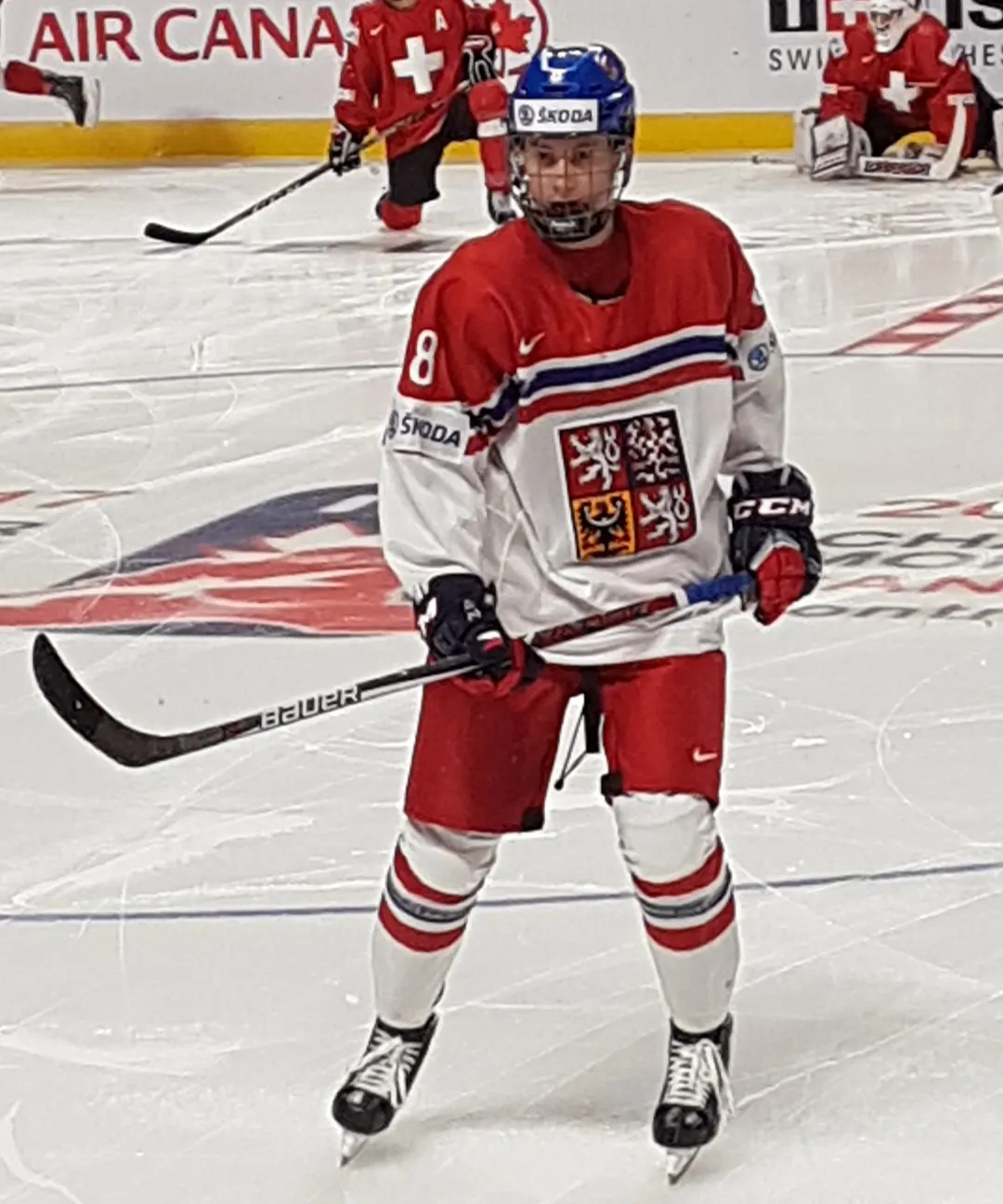 Martin Nečas playing for the Czech Republic against Switzerland at the 2017 World Junior Ice Hockey Championships.