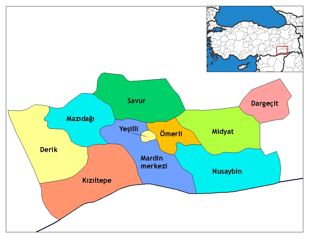 Map of the districts of Mardin province in Turkey. Created by Rarelibra 16:36, 4 December 2006 (UTC) for public domain use, using MapInfo Professional v8.5 and various mapping resources. Edited by One Homo Sapiens Corrected text where İ,Ş,ı,ğ,or ş occurs in name. Source: [statoids-com]. Increased font size and enhanced color differences among adjacent districts.