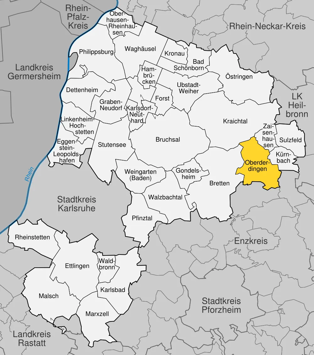 position of Oberderdingen within distict of Karlsruhe, Baden-Württemberg, Germany