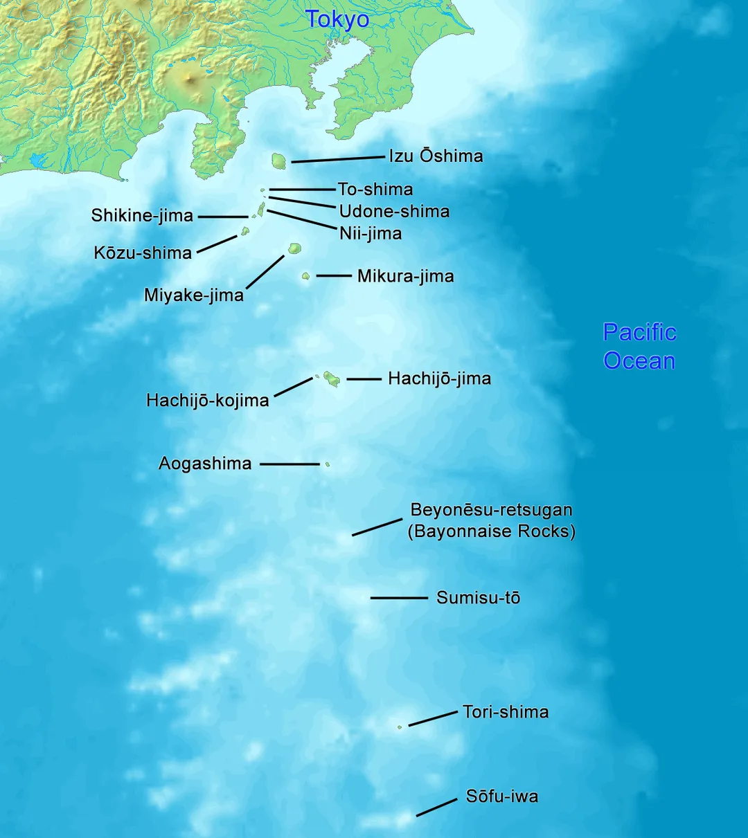 High quality map of the Izu Islands. This is the English (Romaji) version with Japanese names. Created with DEMIS World Map Server.