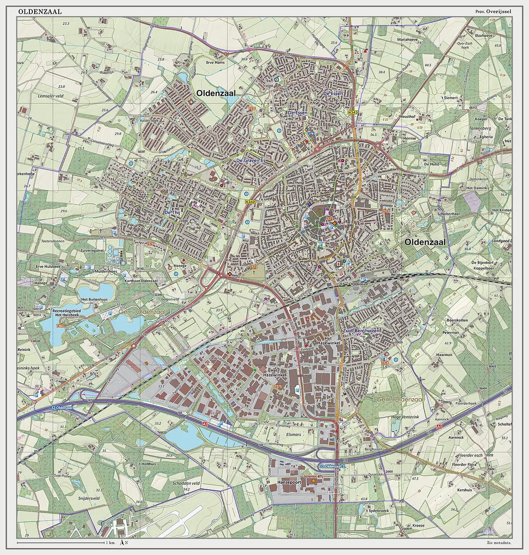 Topografische kaart van Oldenzaal (woonplaats). Resolutie: 300 pixels/km.
Kaartbeeld samengesteld uit de open geodata van de Top10NL en Top25namen (Basisregistratie Topografie, Kadaster), Creative Commons BY licentie. Gebouwvlakken uit open geodata BAG extract. Wegen uit de OpenStreetMap. Reliëfschaduw uit de Actuele Hoogtekaart AHN2.

Samenstelling en kleurenschema: Jan-Willem van Aalst, met QGIS2. Zie ook de Legenda.
