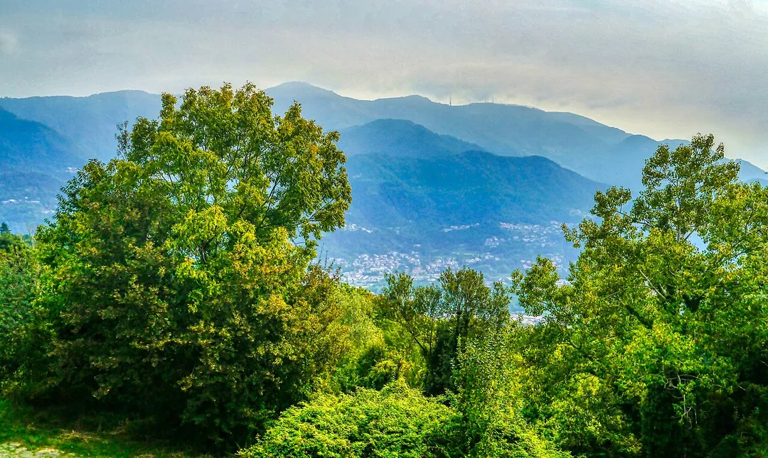 View from the Ghost Town of Consonno to Olginate, Olginate, Province of Lecco, Region of Lombardy, Italy