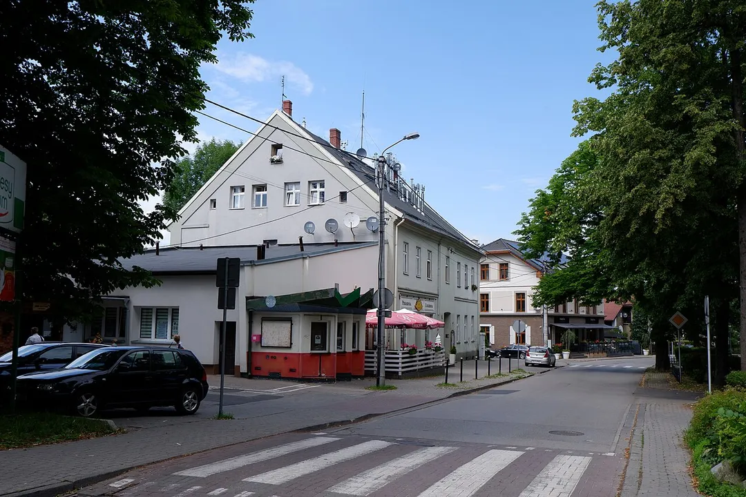 Olszówka Street in Bielsko-Biała with the former Kurhaus on the left