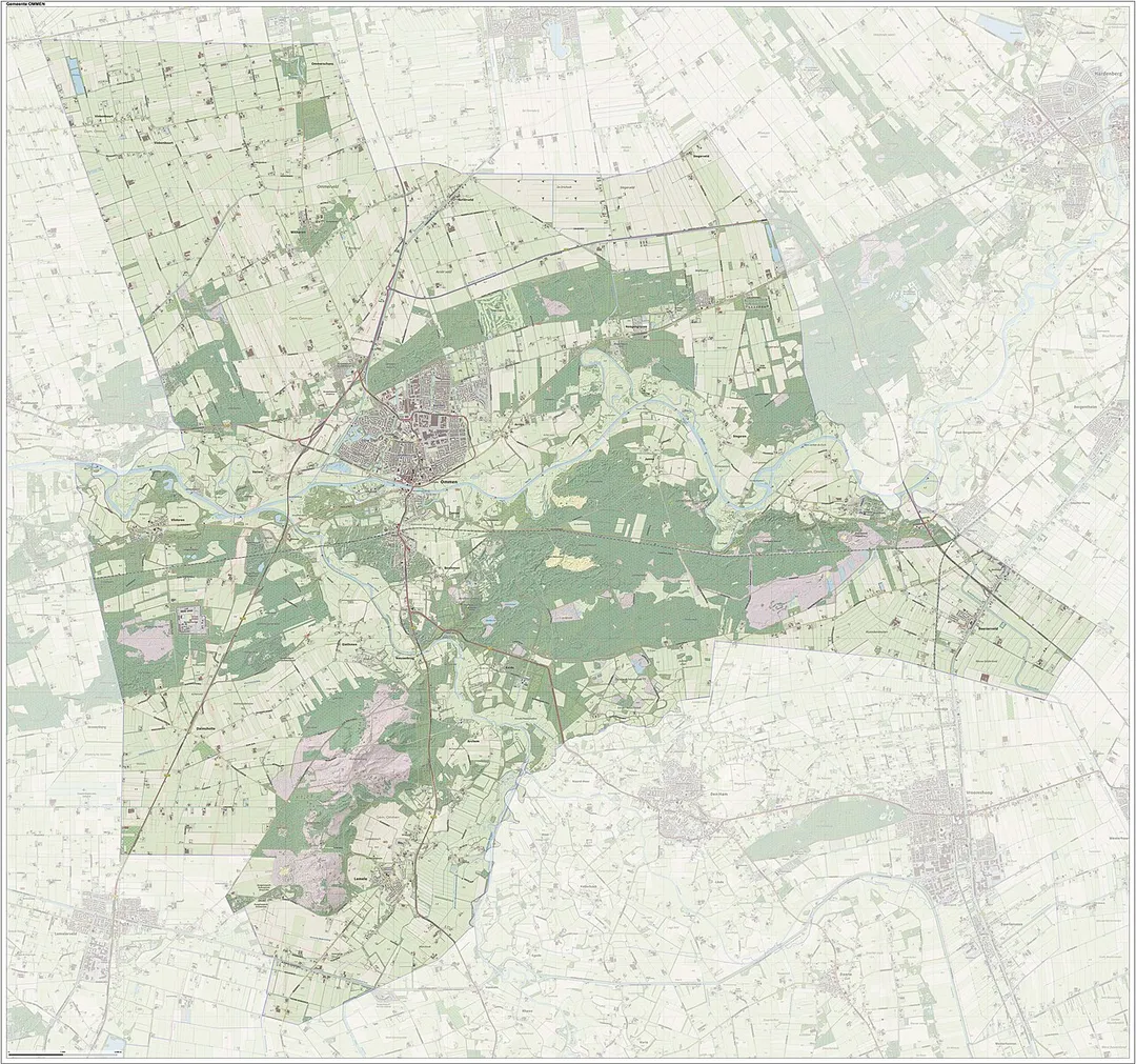 Topografische gemeentekaart. Resolutie: 400 pixels/km.
Kaartbeeld samengesteld uit de open geodata van de Top10NL en Top25namen (Kadaster), Creative Commons-BY licentie. Gebouwvlakken uit open geodata BAG extract. Wegen uit de OpenStreetMap, OpenStreetMap community. Reliëfschaduw uit de Actuele Hoogtekaart AHN2.

Samenstelling en kleurenschema: Jan-Willem van Aalst, met QGIS. Zie ook de Legenda.