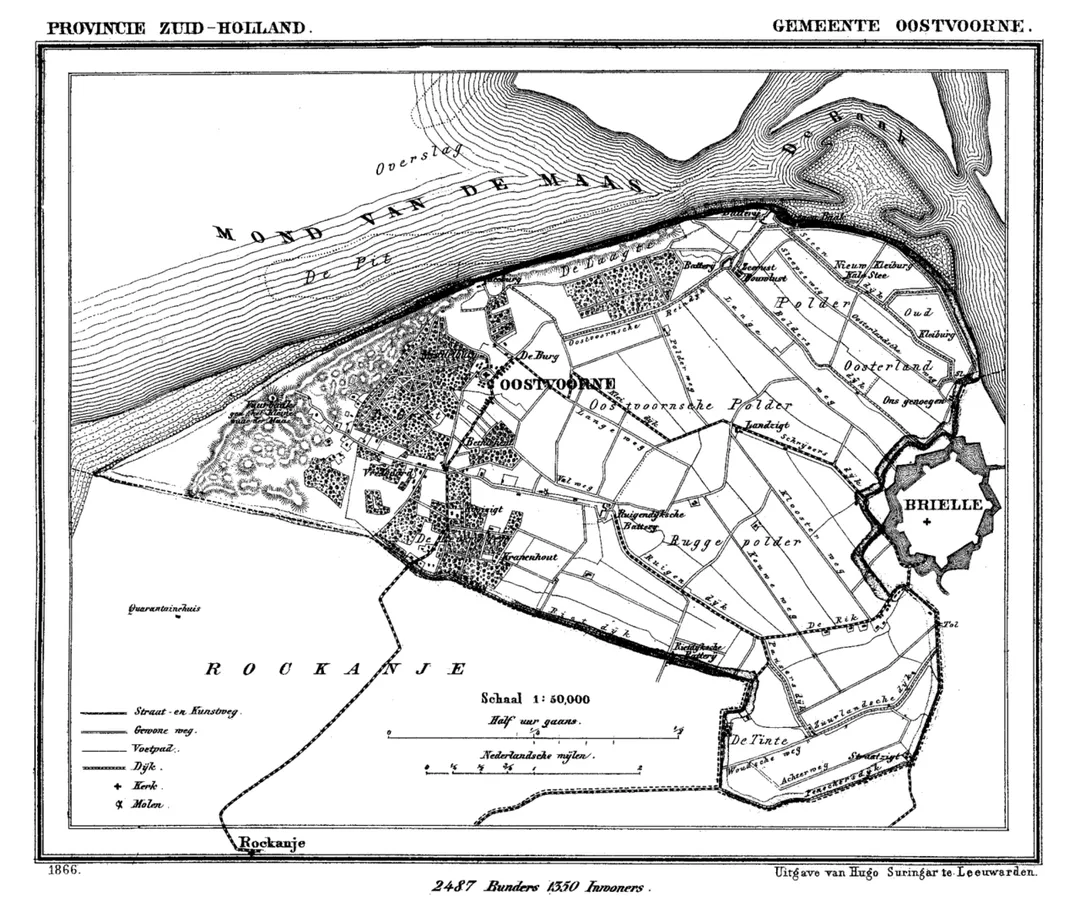 Historic map of Oostvoorne (now part of municipality Westvoorne), South Holland, the Netherlands
