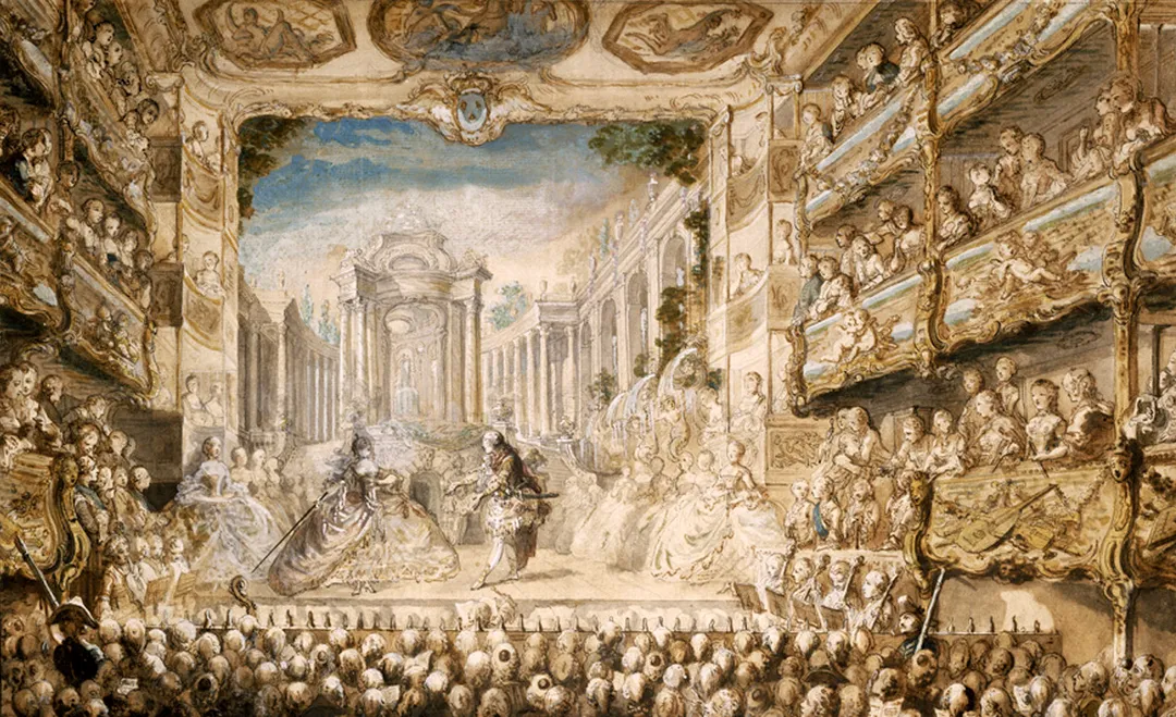Lully's Opera "Armide" Performed at the Palais-Royal, 1761.  Pen, watercolor and gouache over graphite pencil. Museum of Fine Arts, Boston