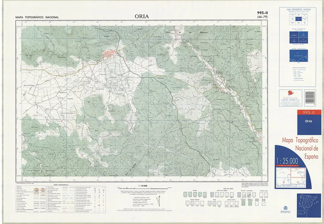 Fragment 0995c2 of the National Topographic Map of Spain in 1999 at a scale of 1:25000 printed and scanned with a resolution of 250 ppi. It shows Oria.