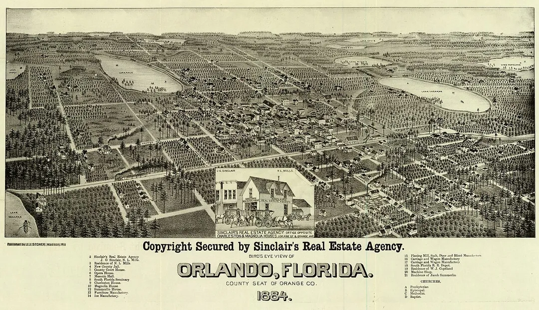 Title: Bird's Eye View of Orlando, Florida. County Seat of Orange Co. 1884. Copyright Secured by Sinclair's Real Estate Agency. Size: 1 view ; 37 x 61 cm. Not drawn to scale. Includes key. Inset illustration of Sinclair's Real Estate Agency. Made by Joseph John Stoner. Published by J. J. Stoner, Madison, Wisconsin.