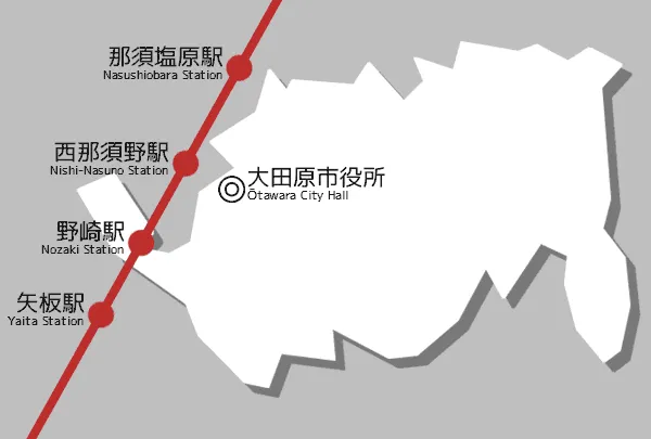 Map of railway stations around Otawara City, Tochigi, Japan.