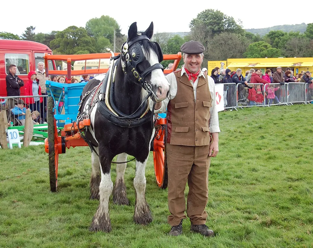 Local resident Kevin Pack, dressed in vintage Yorkshire attire, takes his horse Danny for a turn of the field in front of the crowd at Otley Show.