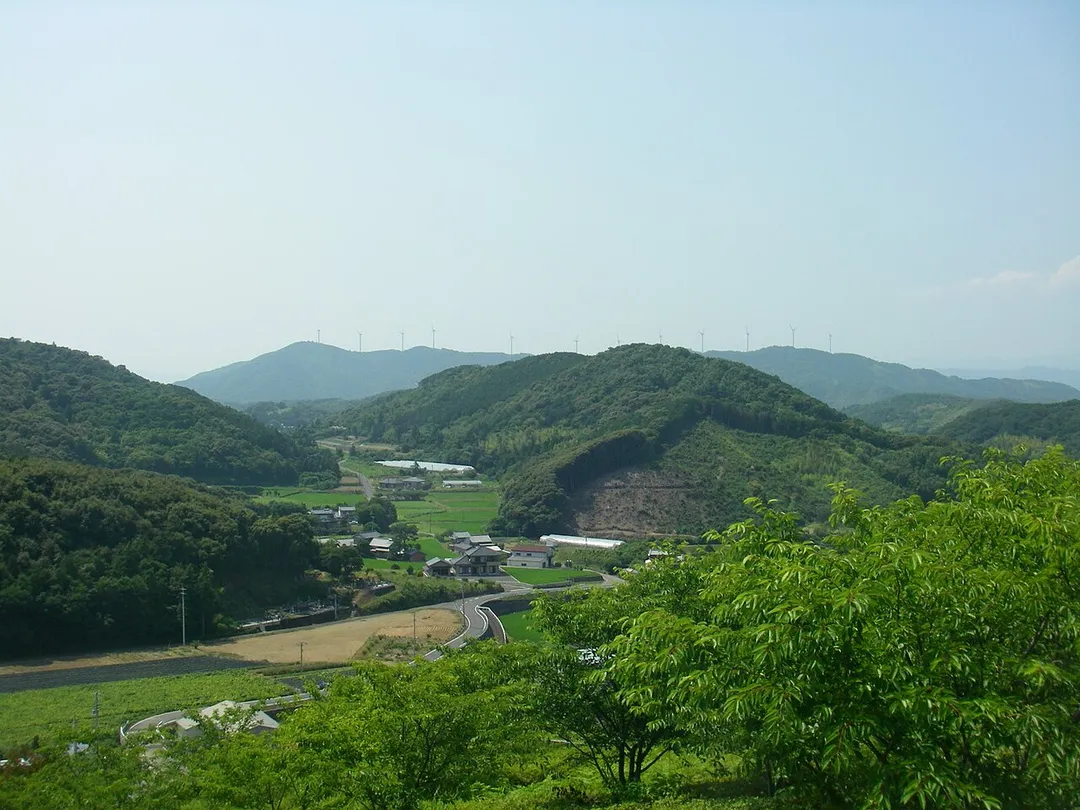 A view of Otsuki Town`s windmills from the top of Fureai Park