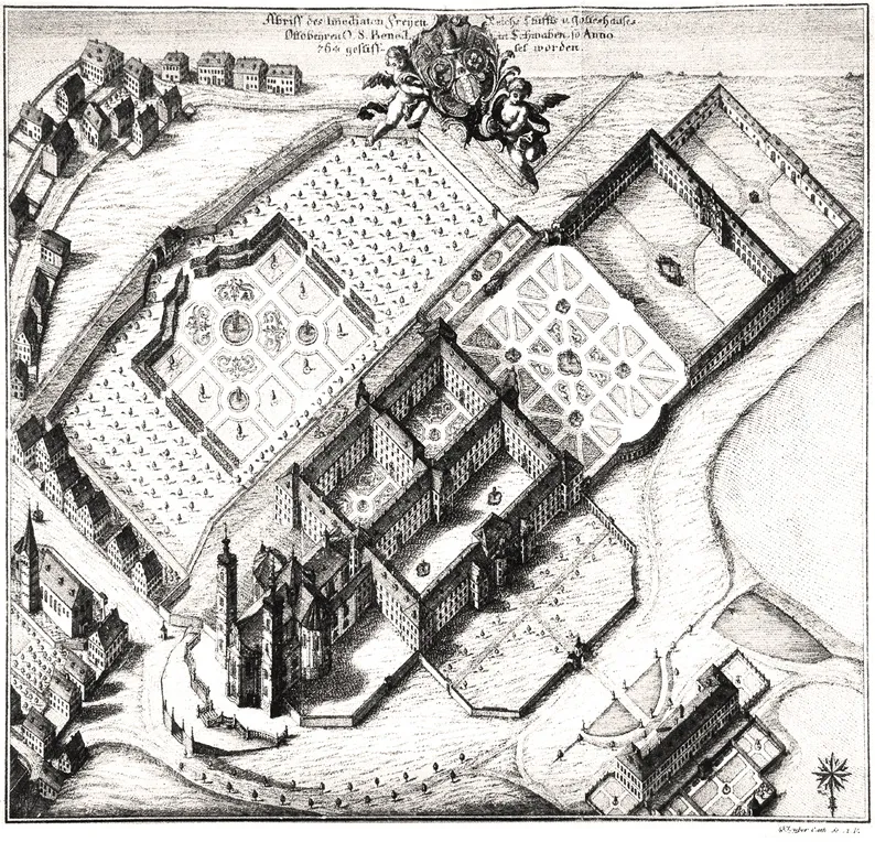 Bird's eye view of Ottobeuren Abbey c. 1766. The 50-year long extensive works to renovate the abbey in the late Baroque style had just been completed in time for the 1000th anniversary of the founding of the abbey in 1764. Copper engraving, 1764 to 1766.