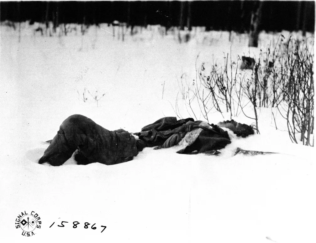 Bolshivik soldier, one of a number killed in an attempted flank attack on the positions held by allied troops on the Obozerskaya road at Verst 16, 339th Inf. 85 Div. Bolshie Ozerka Front, Russia. (Official U.S. Army Signal Corps caption for photo 158867).  Location Village of Bolshie Ozerka, Russia.