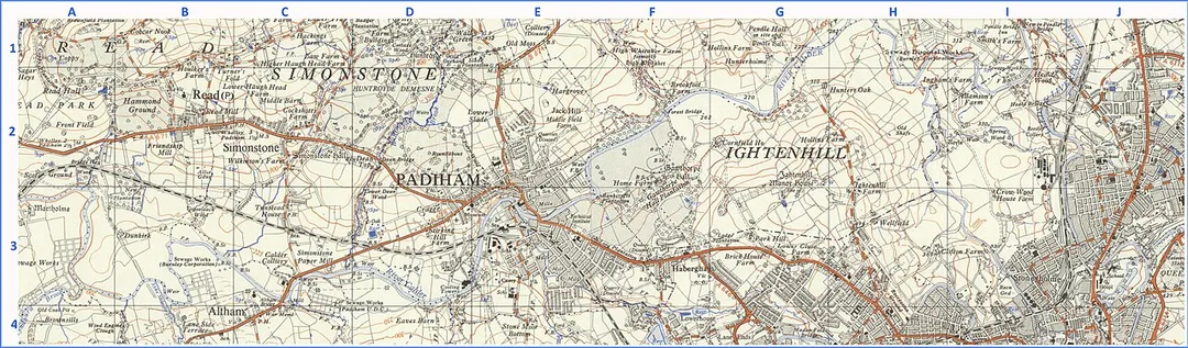 Ordnance Survey map extract centered on Padiham, UK. Based on extracts from OS 25,000 series maps SD71 (pub1955) and SD83 (pub 1954)