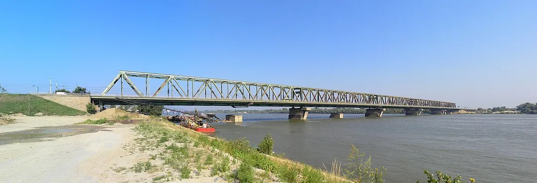 Panorama of Pančevo bridge over Danube, in Belgrade, Serbia. The panorama features upstream view from the right Danube riverside.