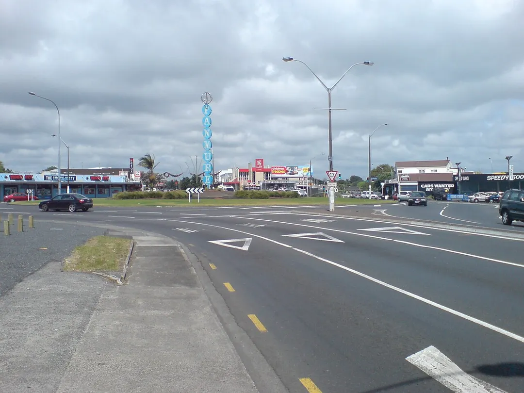 An absolutely enormous roundabout in Panmure, Auckland, New Zealand. This one has up to three circulating lanes, and is a horror for cyclists and pedestrians.