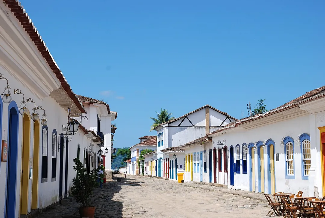 Wide street in the touristy colonial city of Paraty, Rio de Janeiro state, Brazil