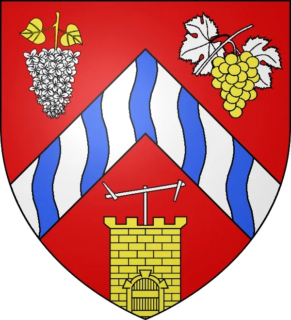 De gueules au chevron d’argent chargé de cinq pals ondés d’azur, accompagné en chef à dextre d’une fleur de lilas d’argent tigée et feuillée d’or et à senestre d’une grappe de raisin d’or tigée et feuillée d’argent et en pointe d’une tour du même, maçonnée de sable, mouvant de la pointe et sommée d’un télégraphe de Chappe d’argent.