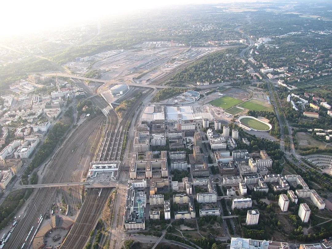 Eastern Pasila and Pasila railway station photographed from a hot air balloon.
