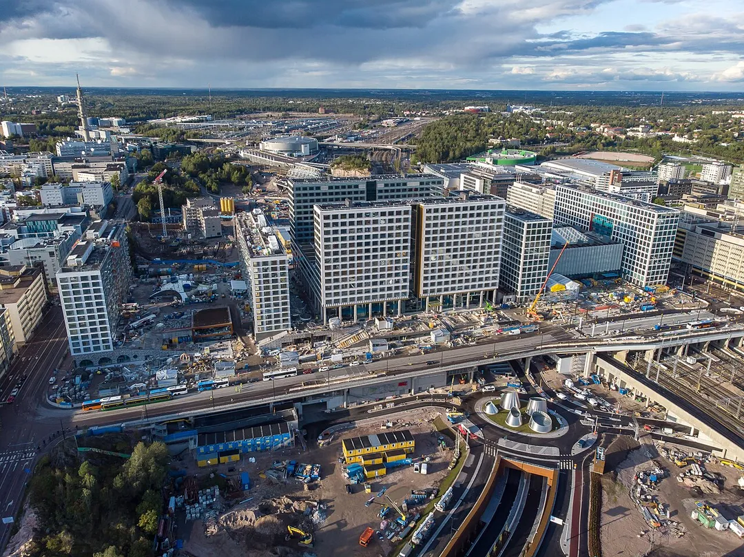 Aerial image of the nearly finished construction of Tripla in Pasila, Helsinki, Finland