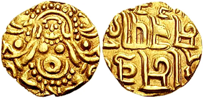 Chaulukyas of Anahillapataka King Kumarapala Circa 1145-1171. V Dinar (19mm, 3.88 gm). Crude seated Lakshmi / Legend.