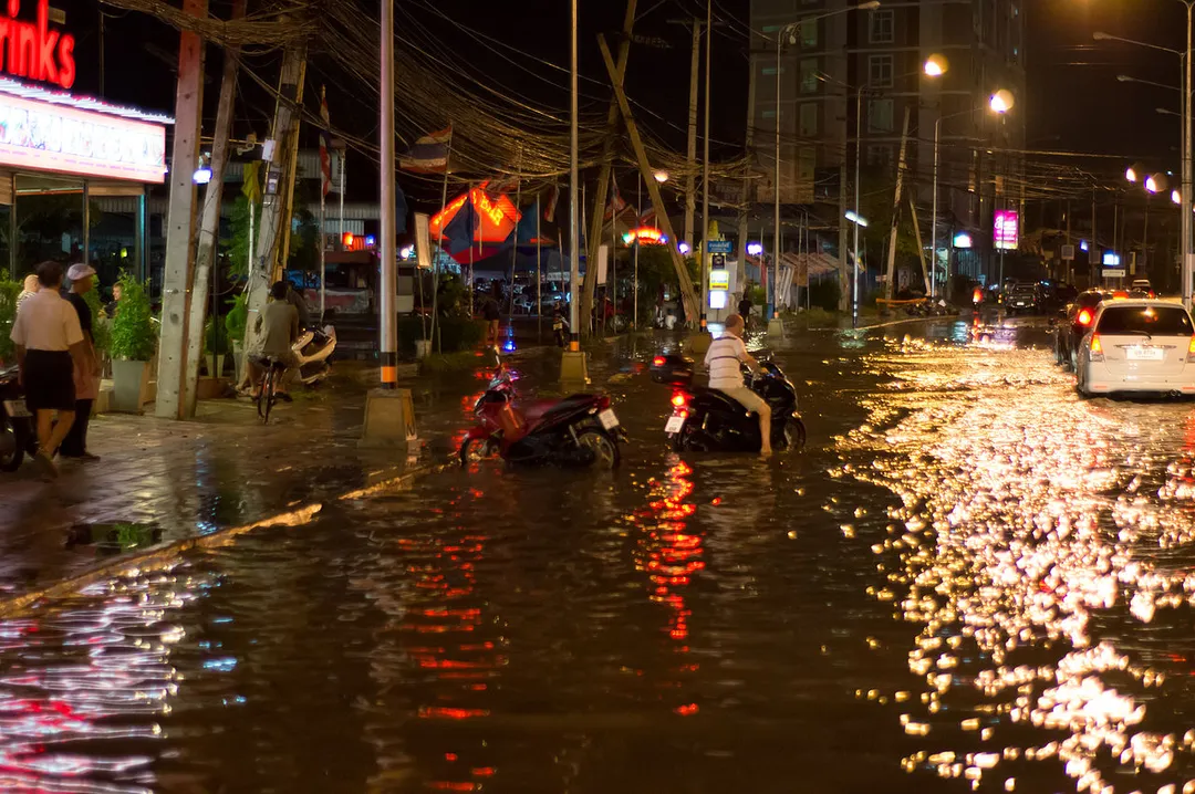 Flooded street of Pattaya. Heavy rain takes its toll on their insufficient draining system.