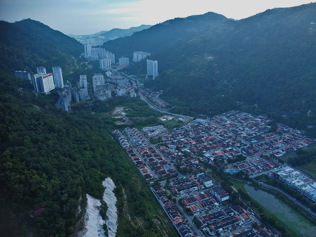 Skyline of Paya Terubong at dusk, taken by a drone
