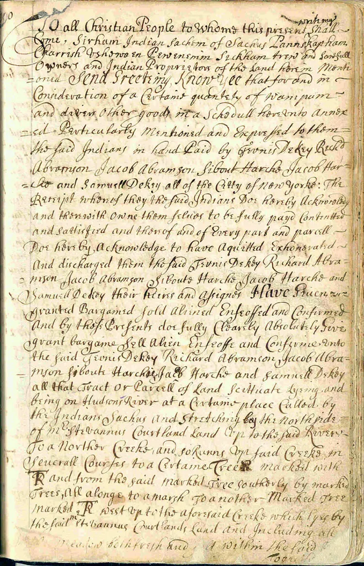 First page of Ryck's Patent featuring the name of Sachem Sirham of Sachoes