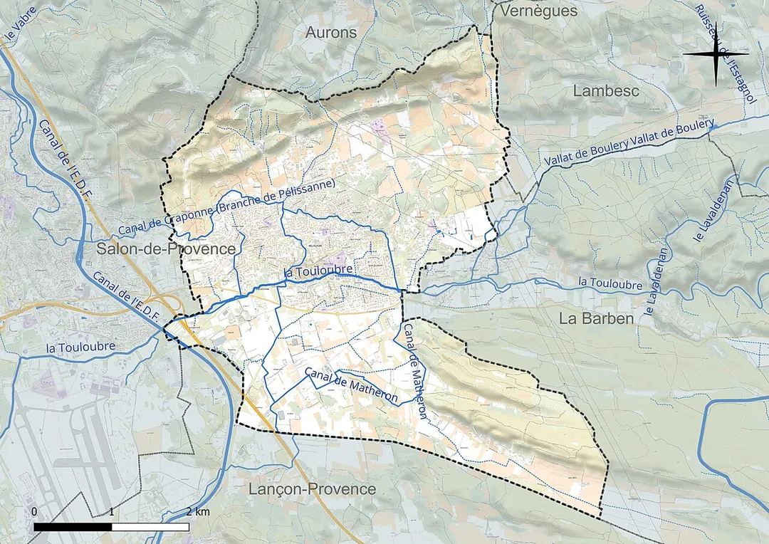 Carte du réseau hydrographique de la commune de fr:Pélissanne (France).