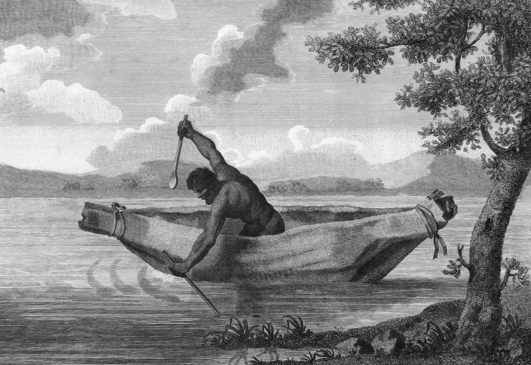 "Pimbloy: Native of New Holland in a canoe of that country", engraving, on sheet, 20.8 x 26.0 cm.