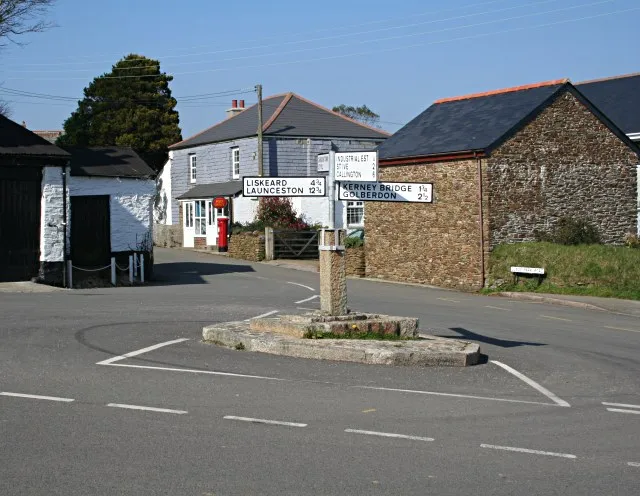 The crossroads in Pensilva village, Cornwall, UK, photographed in 2005