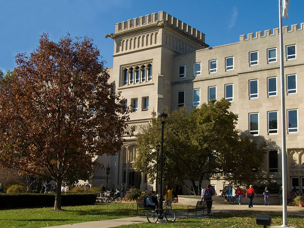Bradley Hall, the main academic building of Bradley University, Peoria, Illinois.  View from the university quad.