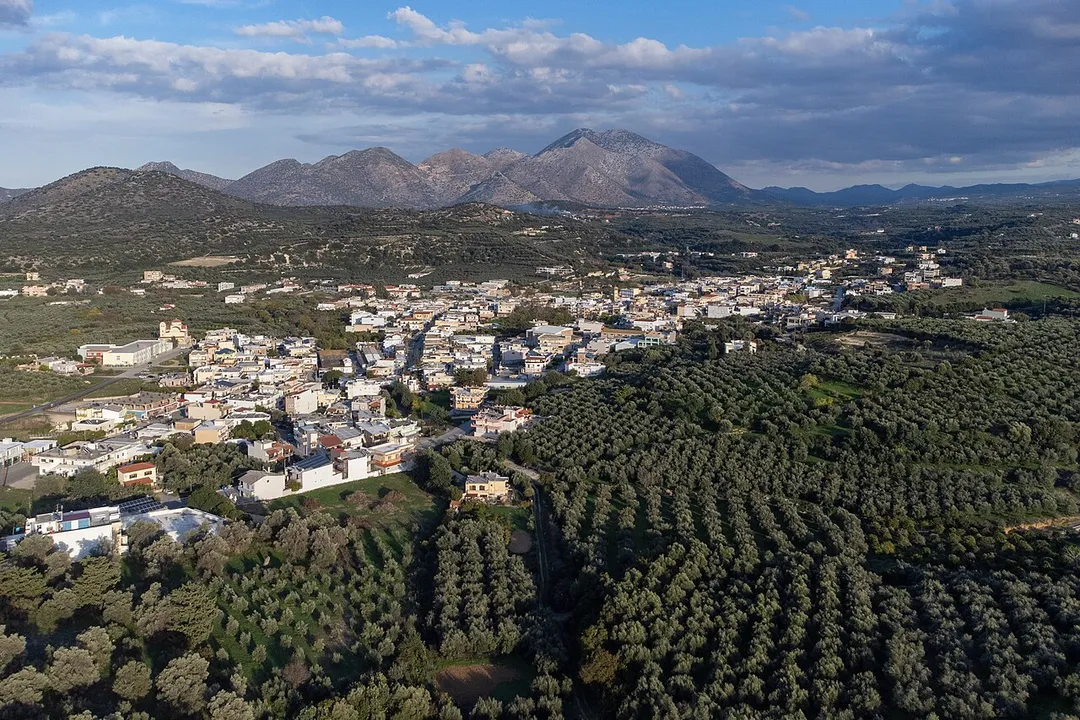 Airview of Perama, seat of Mylopotamos municipality, Crete, from west.