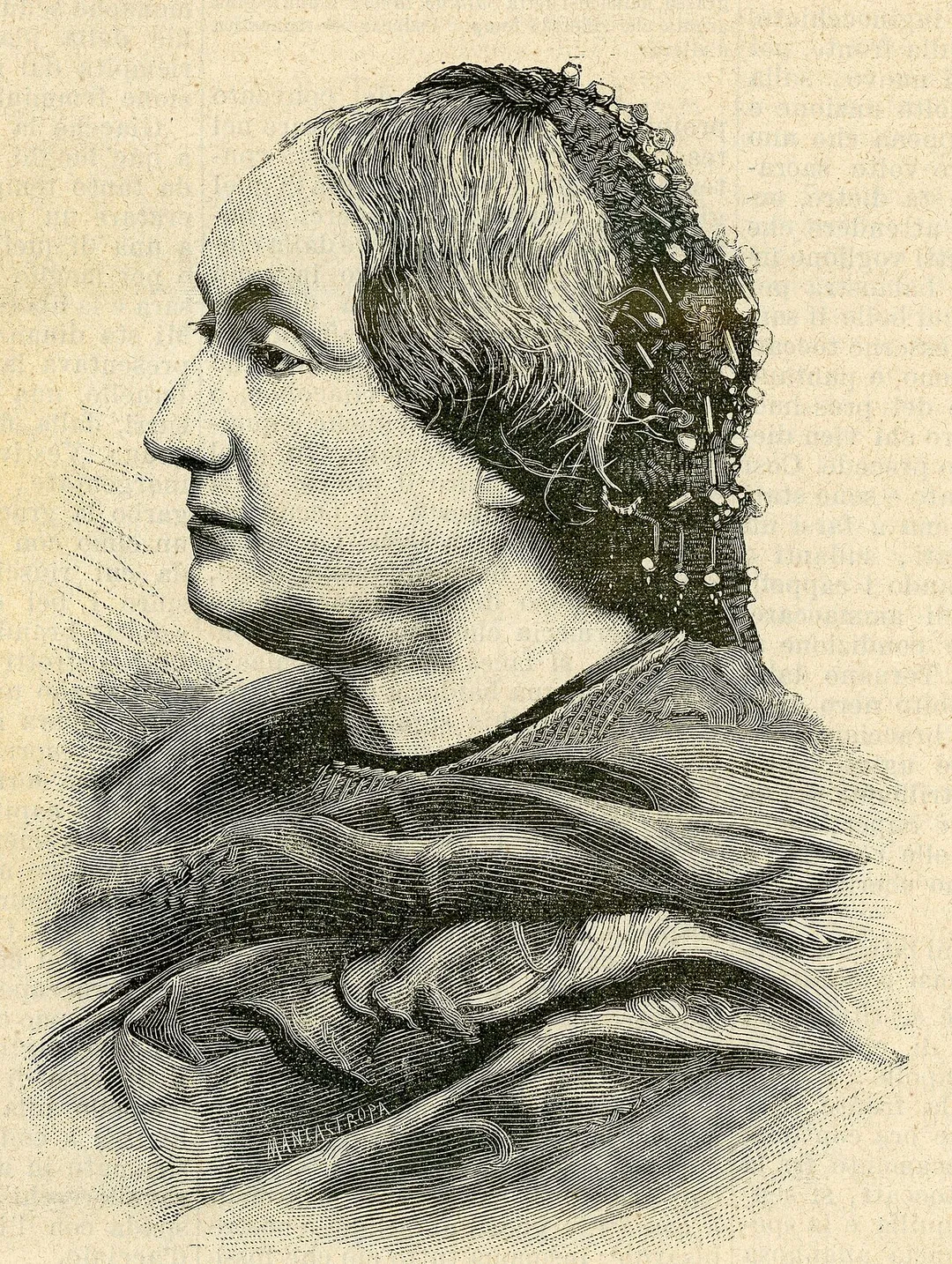 La scrittrice Caterina Percoto, nata in San Lorenzo di Soleschiano, morta il 15 agosto in San Gio. di Manzano (xilografia).