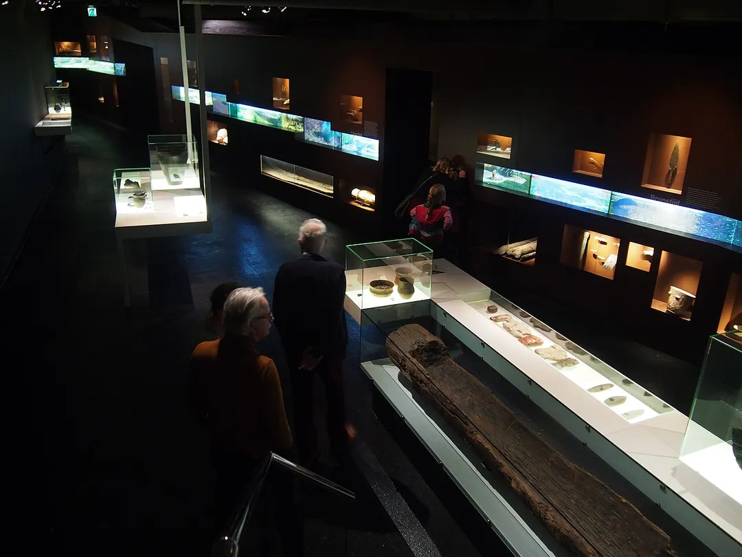 The prehistoric antiquites room in Drents Museum. Bottom right can be seen the Pesse Canoe, the oldest surviving canoe in the world.