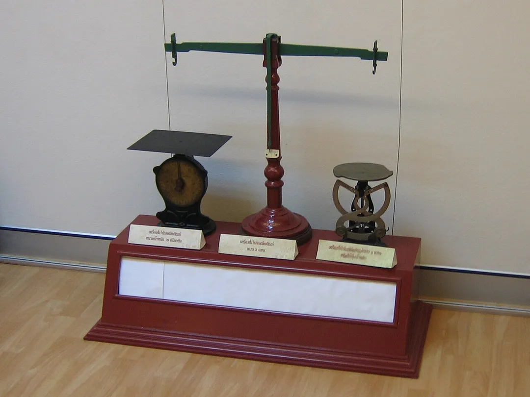 Three different types of old weighing scales once used by post office in Thailand. From Philately Museum, Phaya Thai District, Bangkok, Thailand.