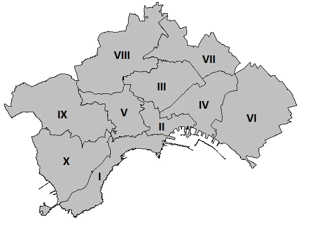 Mappa che mostra le municipalità di Napoli
I - Chiaia - Posillipo - S.Ferdinando 
II - Avvocata - Montecalvario - S.Giuseppe - Porto - Mercato - Pendino 
III - Stella - S.Carlo all'Arena 
IV - S.Lorenzo - Vicaria - Poggioreale - Zona Industriale
V - Arenella - Vomero 
VI - Barra - Ponticelli - S.Giovanni a Teduccio 
VII - Miano - S.Pietro a Patierno - Secondigliano 
VIII - Chiaiano - Piscinola Marianella - Scampia 
IX - Pianura - Soccavo 

X - Bagnoli - Fuorigrotta
