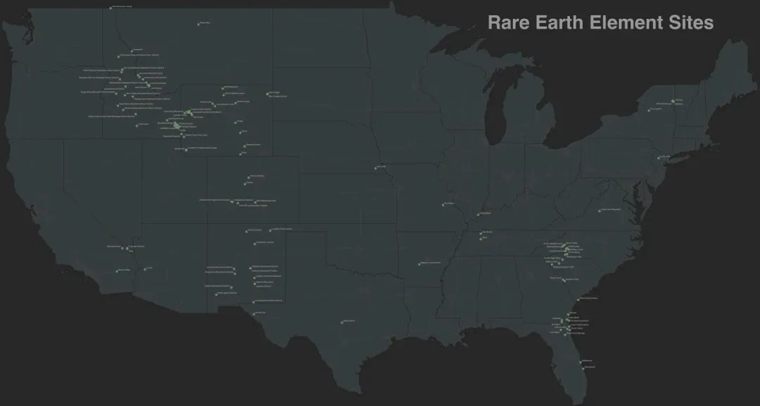 Most are just deposit sites and not actively mined.  Mountain Pass, California mine is the only large scale rare earth elements mine that is active in the United States.