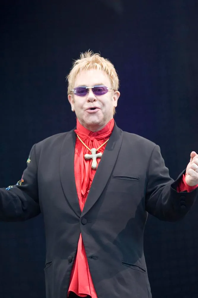 Elton John, English singer-songwriter and pianist, on stage at the Keepmoat Stadium, Doncaster, England.