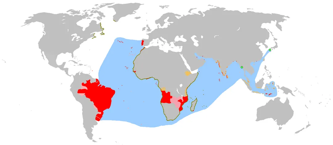 An anachronous map of the Portuguese Empire (1415-1999).
Red - actual possessions
Olive green - explorations
Orange - areas of influence and trade
Pink - claims of sovereignty
Light green - trading posts
Blue - main sea explorations, routes and areas of influence.