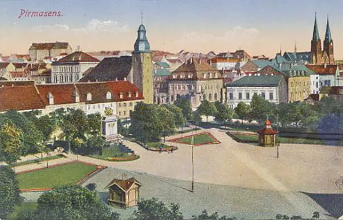 Pirmasens um 1910 old Postcard. The old Postcard shows Exerzier place, Johannes (Calvin) church (left), Sankt Pirminius church in Pirmasens, Germany.