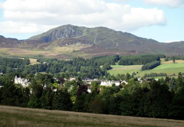 Ben Vrackie at 841 m dominates the scenery around Pitlochry. The view is taken from the A9 looking north and shows part of the Highland village of Pitlochry.