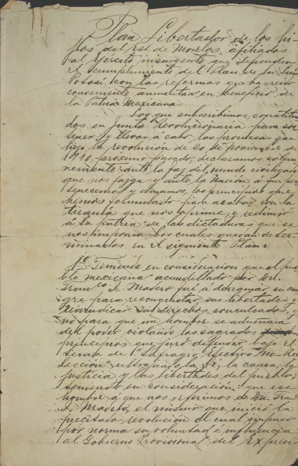 John Womack, historian of the Mexican Revolution, has called the Plan of Ayala the "Sacred Scripture" of the Zapatistas. Written by Emiliano Zapata and Otilio Montaño, and signed on November 25, 1911, the plan was proclaimed in Ayala, Morelos, on November 28 of the same year. It became the blueprint for the Zapatista rebellion after its break with the initiator of the Mexican Revolution, Francisco I. Madero. Besides condemning the "treason" of the more conciliatory Madero, the Plan of Ayala puts forward the demands of the Zapatista agrarian rebellion: restitution of lands taken from villages during the Porfiriato, and agrarian redistribution of the larger haciendas, with compensation. Zapatista peasants, based in the southern state of Morelos, would claim these rights by arms, continuing the rebellion started, but not completed, by Madero.
Madero, Francisco I., 1873-1913; Mexican Revolution, 1910-1920; Zapata, Emiliano, 1879-1919; Zapatistas